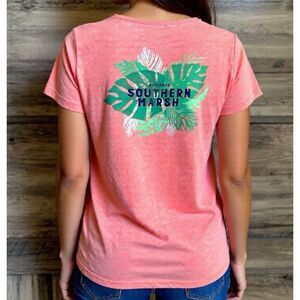 Southern Marsh Tropical Leaf Pink Scoop Neck Tee Preppy Casual Outdoors Shirt L